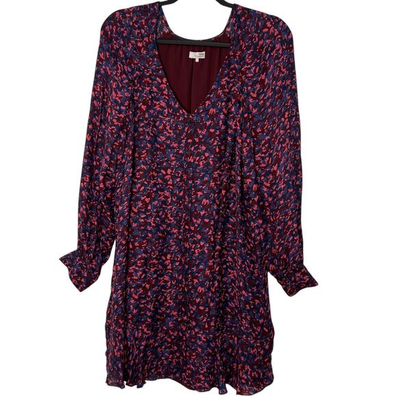 Parker Silk Viscose Button Front Mini Dress Blue Pink Lined Flowy Large Boho - Picture 14 of 14